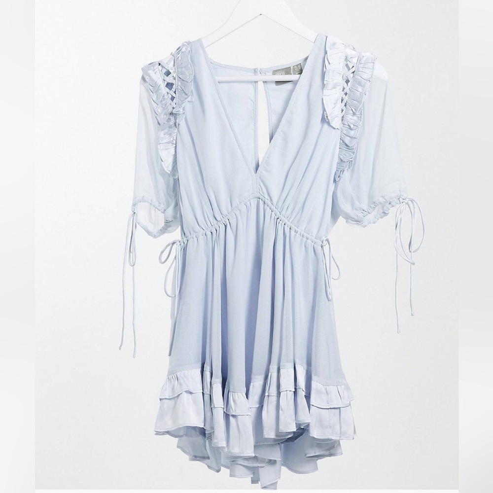 Petite Mini Satin Trim Ruffle And Tie Detail Light Blue Dress